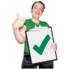 A woman holding a clipboard with a green tick on it in one hand. And her thumb up in other other hand. 