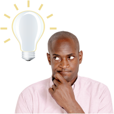Man with hand on chin with a thinking face.  His eyes are raised towards the upper left. In the upper left corner, there is a light bulb.  