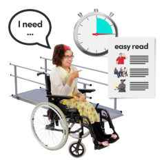 A woman in a wheelchair with a speech bubble saying I need. Behind her is a wheel chair ramp, Easy Read document and a timer. 