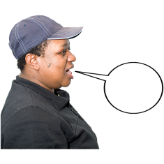 Side profile of a person with a speech bubble coming out of their mouth. They are wearing a cap and black T-shirt. 