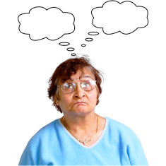 A woman with two thought bubbles floating above her head. 