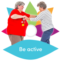 Two people holding hands dancing with text beneath saying be active. 