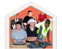 A group of people dressed in different job uniforms. Including office, pizza, road work. 