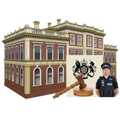 Large council building. In front of the building is a document, police officer, and gavel. A gavel is the hammer used by the judge in court. 