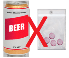 A can of beer and small packet of pink pills. On top of both is a red cross on top. 