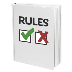 Book with the word Rules printed in black text. Under the word are two boxes. In the left box is a green tick, in the right box is a red cross.